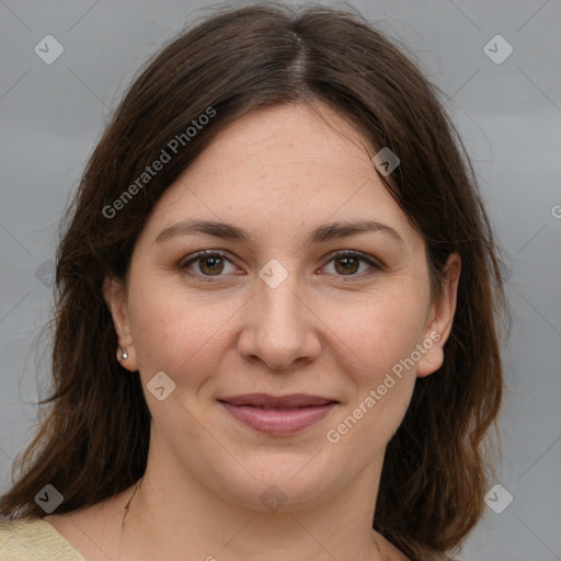 Joyful white young-adult female with medium  brown hair and grey eyes