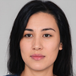 Neutral asian young-adult female with long  black hair and brown eyes