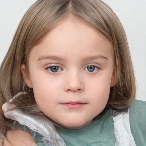 Neutral white child female with medium  brown hair and blue eyes