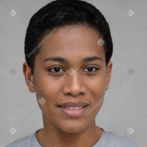 Joyful latino young-adult female with short  brown hair and brown eyes