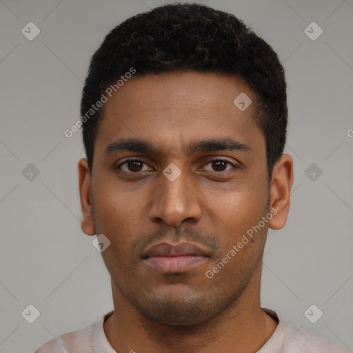 Neutral latino young-adult male with short  black hair and brown eyes