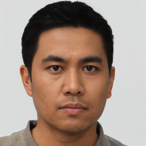 Neutral asian young-adult male with short  black hair and brown eyes