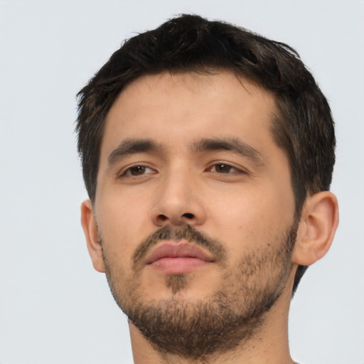 Neutral asian young-adult male with short  brown hair and brown eyes