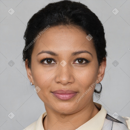 Joyful latino young-adult female with short  brown hair and brown eyes