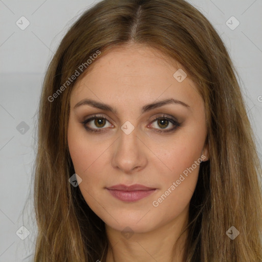 Neutral white young-adult female with long  brown hair and brown eyes