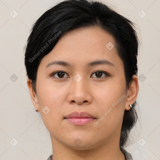 Neutral asian young-adult female with medium  brown hair and brown eyes