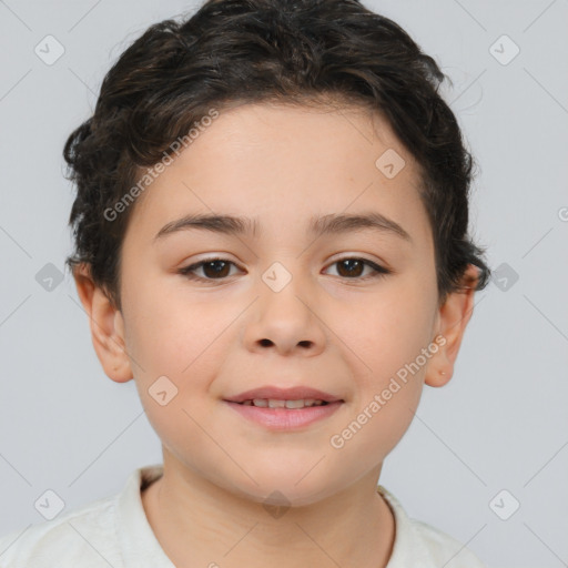 Joyful white child female with short  brown hair and brown eyes