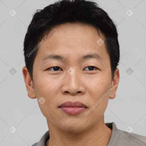 Joyful asian young-adult male with short  brown hair and brown eyes