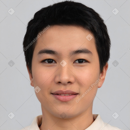 Joyful asian young-adult male with short  black hair and brown eyes