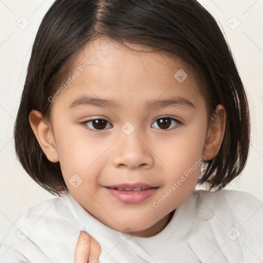 Joyful white child female with medium  brown hair and brown eyes