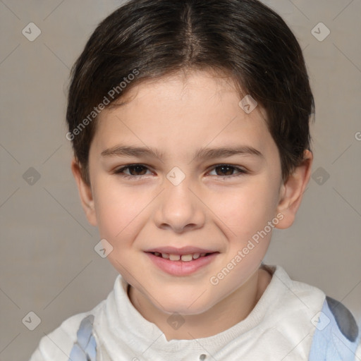 Joyful white child female with short  brown hair and brown eyes