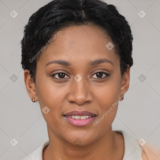 Joyful latino young-adult female with short  brown hair and brown eyes