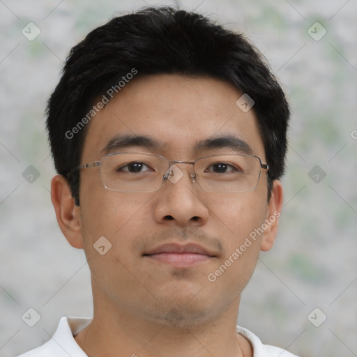 Neutral asian young-adult male with short  brown hair and brown eyes