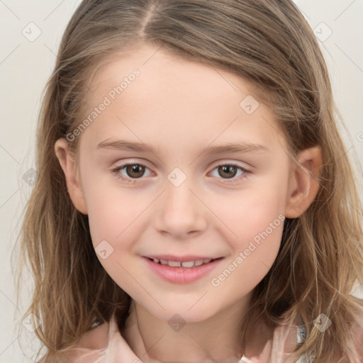 Joyful white child female with medium  brown hair and brown eyes