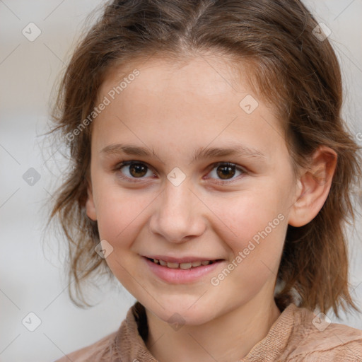 Joyful white child female with medium  brown hair and brown eyes