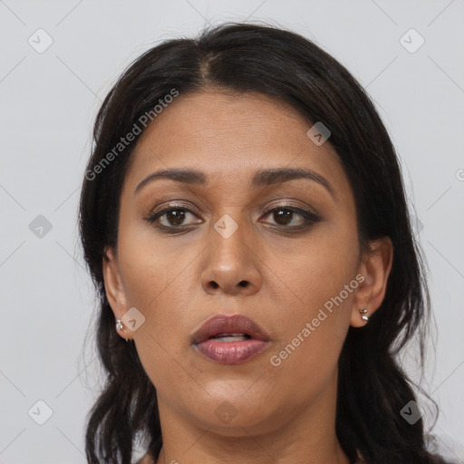 Neutral asian young-adult female with long  brown hair and brown eyes