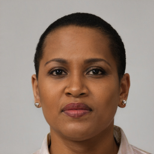 Neutral black young-adult female with short  brown hair and brown eyes