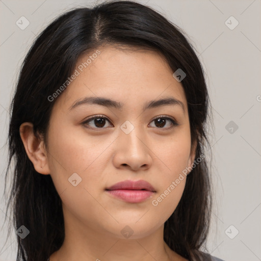 Neutral white young-adult female with long  brown hair and brown eyes