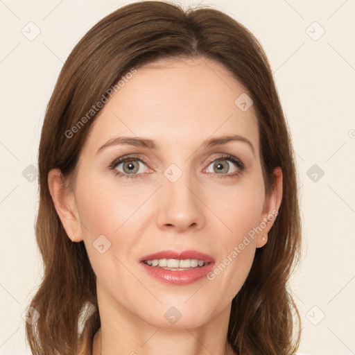 Joyful white young-adult female with long  brown hair and green eyes