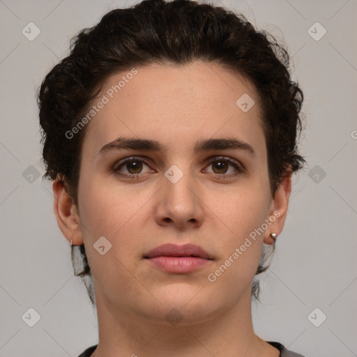 Neutral white young-adult female with short  brown hair and brown eyes