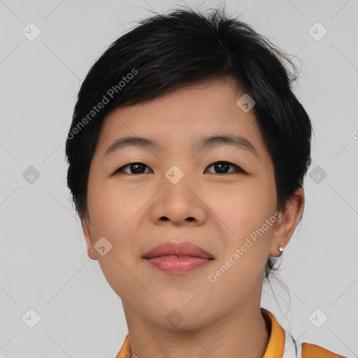 Joyful asian young-adult female with short  brown hair and brown eyes