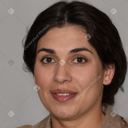 Joyful white adult female with medium  brown hair and brown eyes