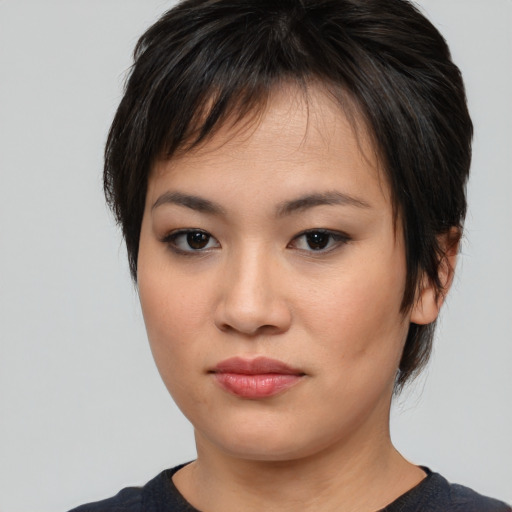 Neutral asian young-adult female with medium  brown hair and brown eyes