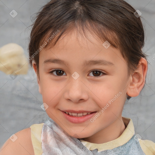 Joyful white child female with medium  brown hair and brown eyes