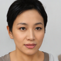 Joyful asian young-adult female with short  black hair and brown eyes