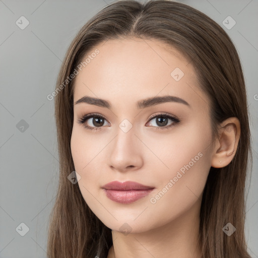 Neutral white young-adult female with long  brown hair and brown eyes