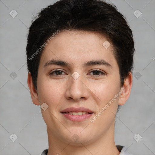 Joyful white young-adult female with short  brown hair and brown eyes