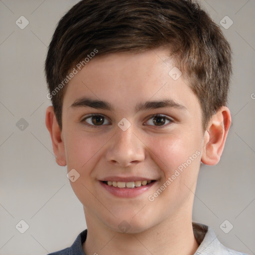 Joyful white child male with short  brown hair and brown eyes