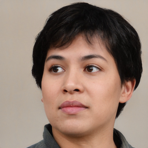 Neutral asian young-adult female with medium  black hair and brown eyes