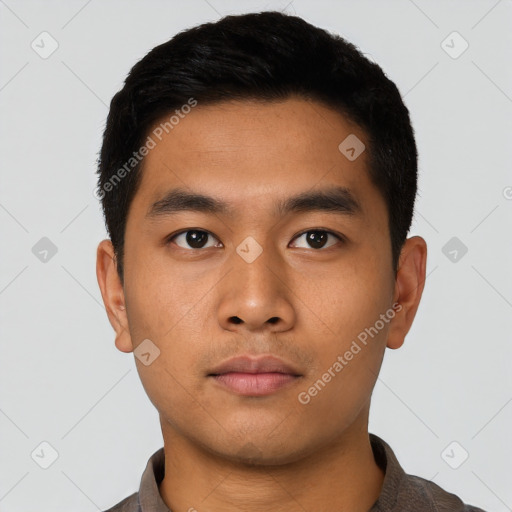 Neutral asian young-adult male with short  black hair and brown eyes