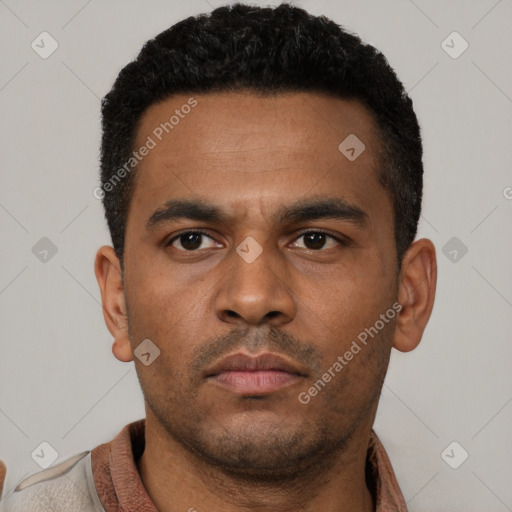 Neutral latino young-adult male with short  black hair and brown eyes