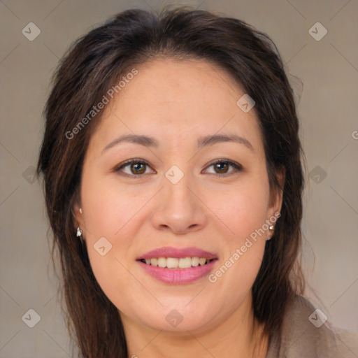 Joyful white young-adult female with medium  brown hair and brown eyes