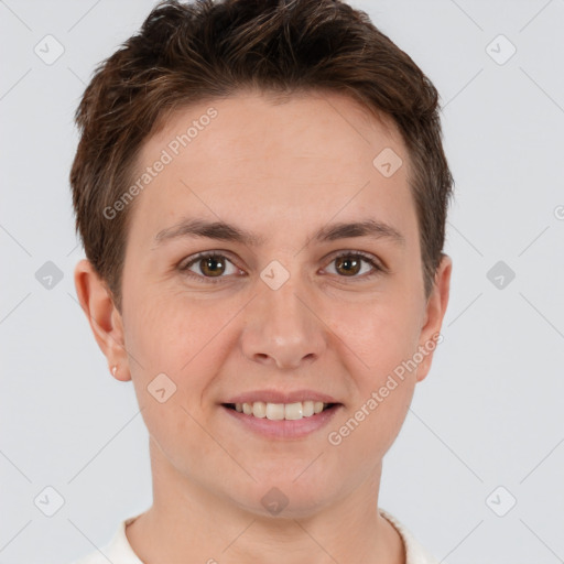 Joyful white young-adult female with short  brown hair and brown eyes