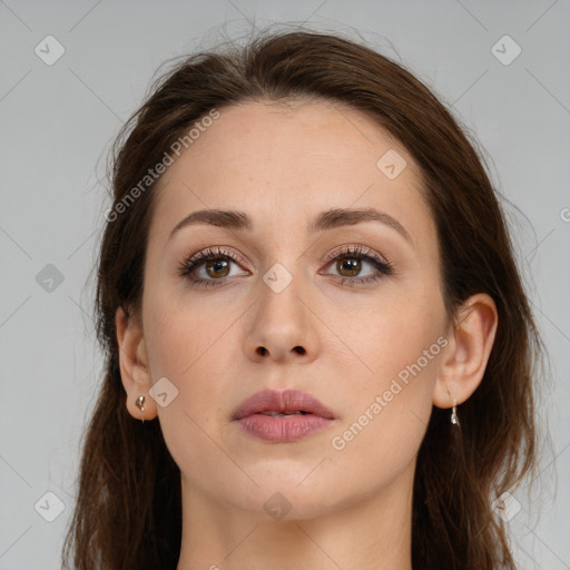 Neutral white young-adult female with long  brown hair and brown eyes