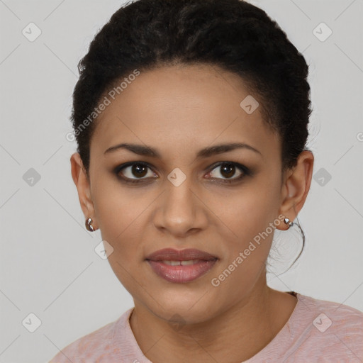 Joyful latino young-adult female with short  brown hair and brown eyes