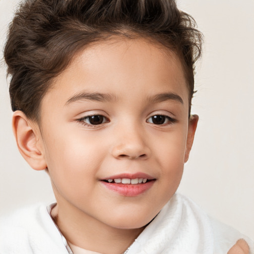 Joyful white child female with short  brown hair and brown eyes