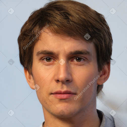 Neutral white young-adult male with short  brown hair and brown eyes