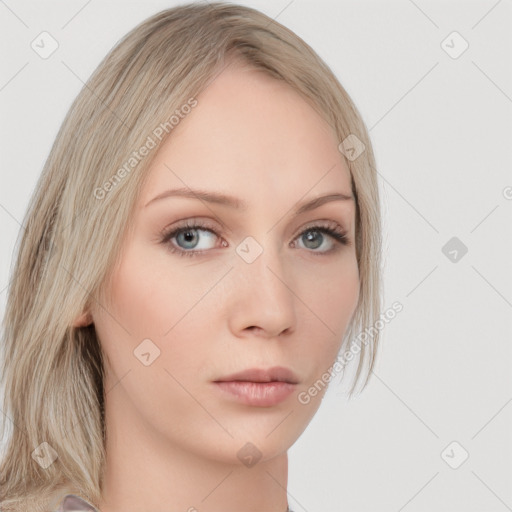 Neutral white young-adult female with medium  brown hair and grey eyes