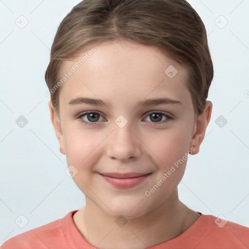 Joyful white child female with short  brown hair and brown eyes