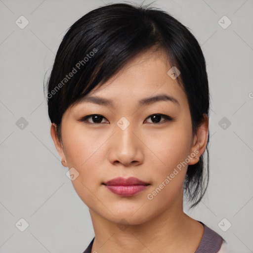 Neutral asian young-adult female with medium  black hair and brown eyes