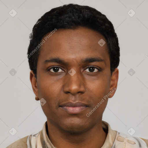 Neutral black young-adult male with short  black hair and brown eyes