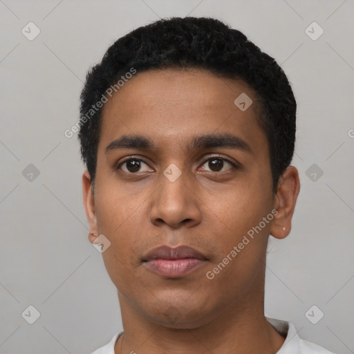 Neutral latino young-adult male with short  black hair and brown eyes