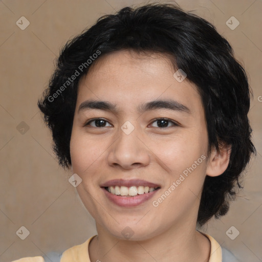 Joyful white young-adult male with medium  brown hair and brown eyes