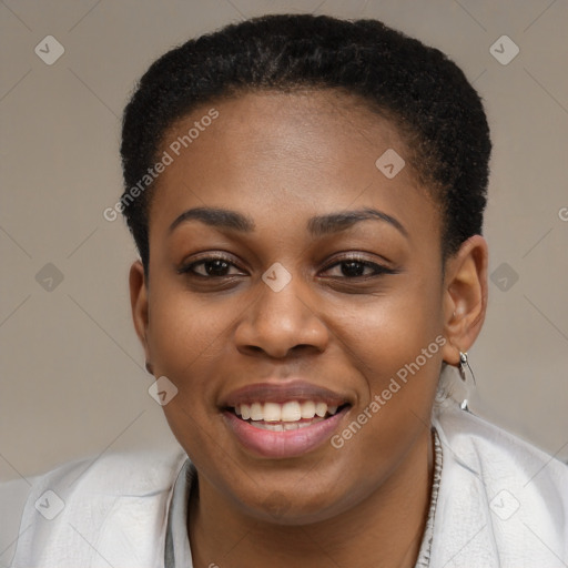 Joyful black young-adult female with short  brown hair and brown eyes