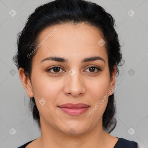 Joyful latino young-adult female with medium  brown hair and brown eyes