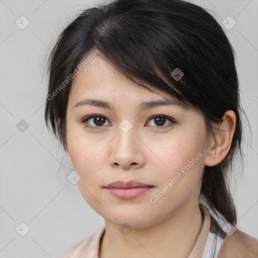 Neutral asian young-adult female with medium  brown hair and brown eyes